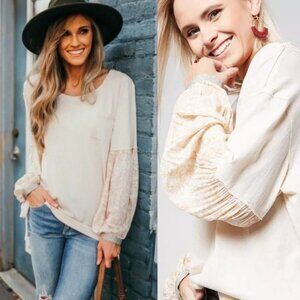 Free People Jade Top Oversized Bubble Sleeve Size XS Raw Edge Bohemian‎ Boho Tee